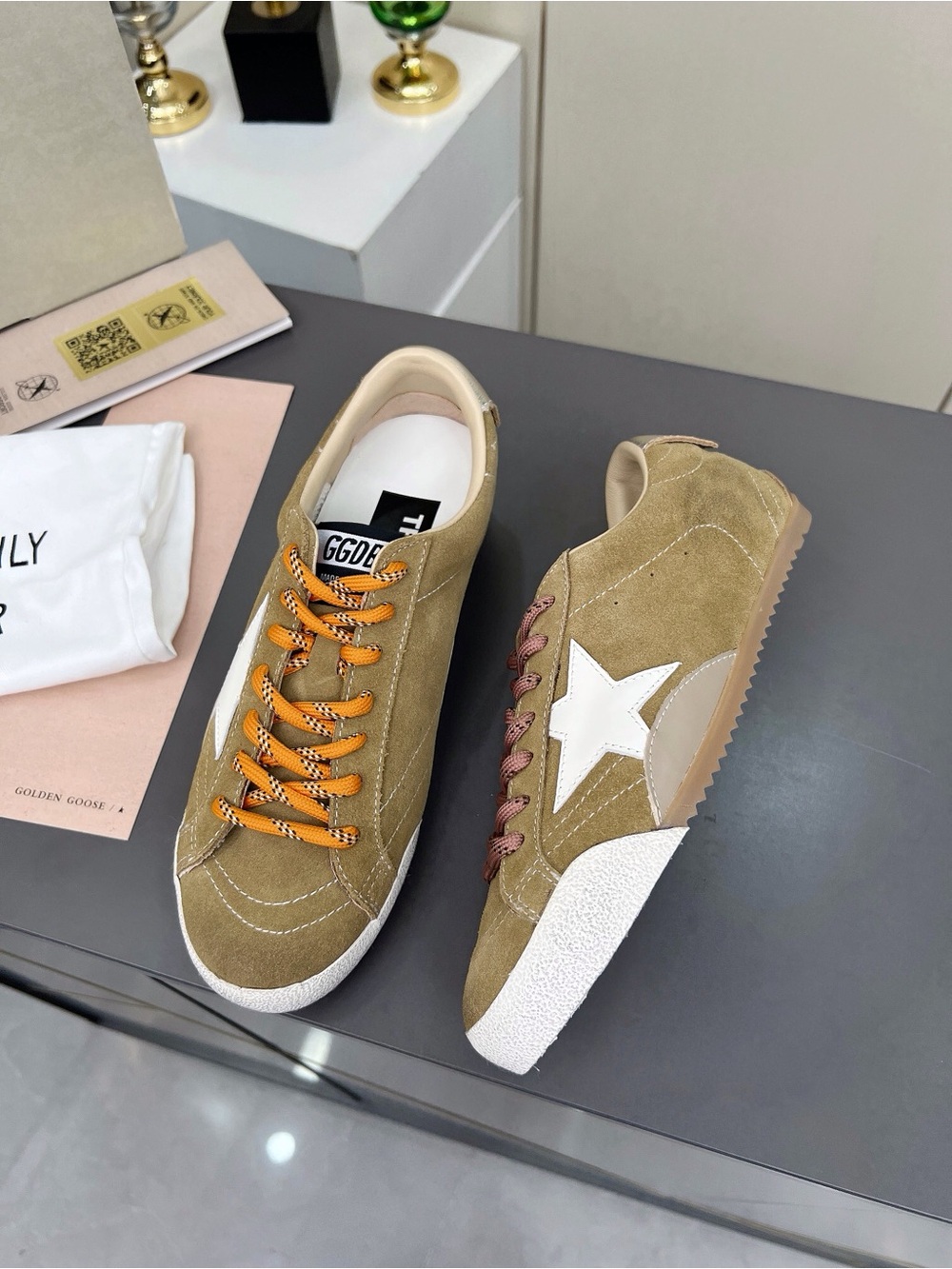 Golden Goose Olive Suede Sneakers with White Star and Mixed Laces